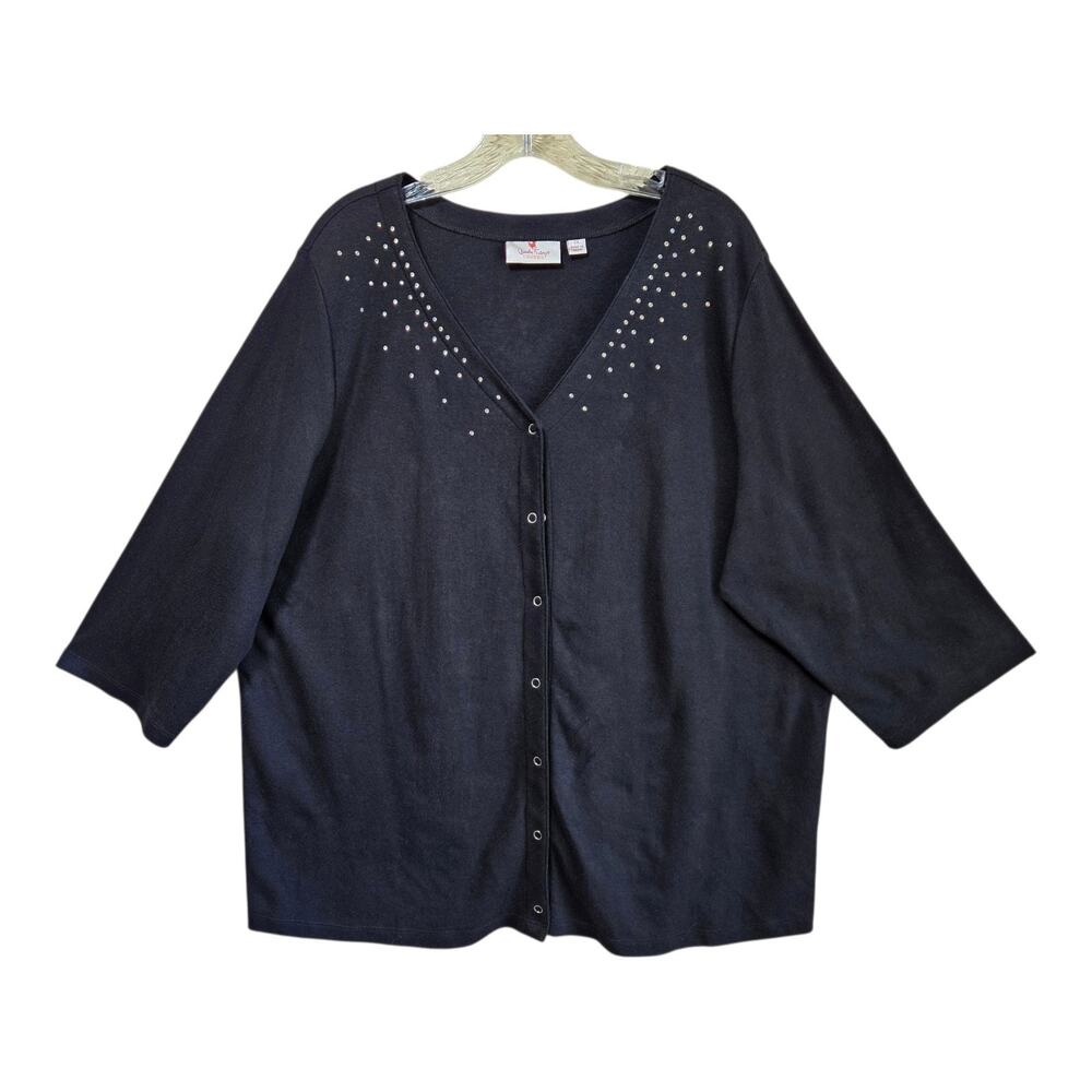QUACKER FACTORY Women's Plus 2X Cardigan Top Rhinestones Bling Snaps Black 54"